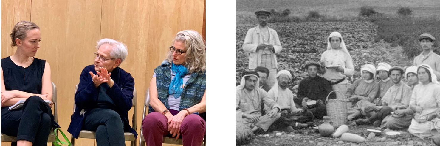 congregants in a panel discussion, and Second Aliyah workers eating lunch in the fields of Migdal.