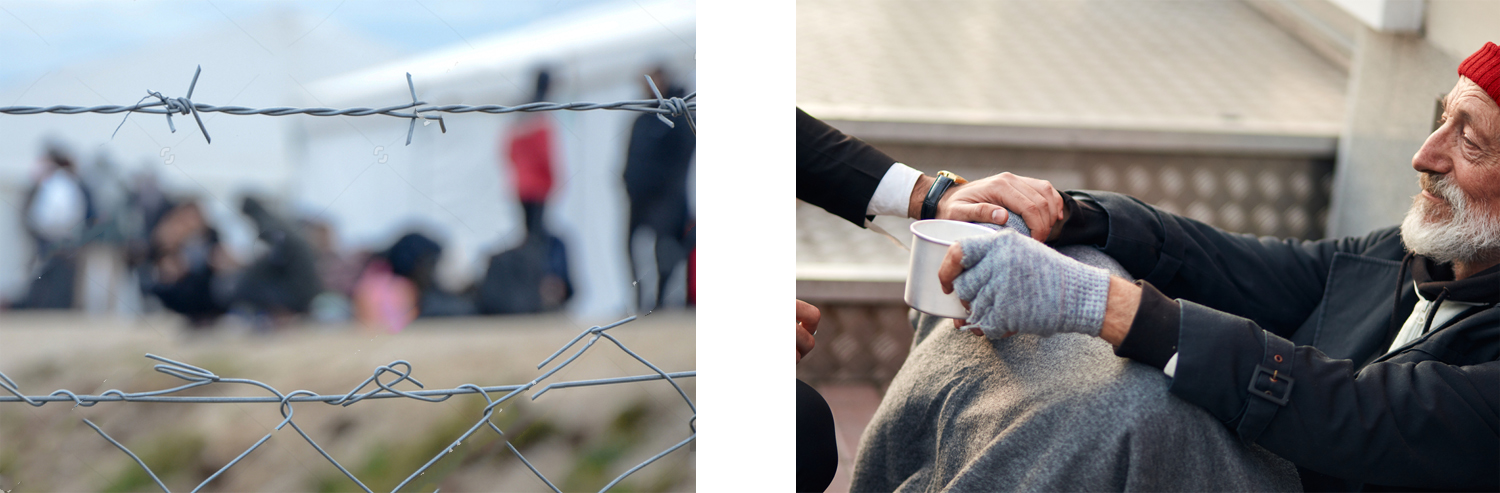 photo of refugees in distance, photo of someone helping man sitting on sidewalk