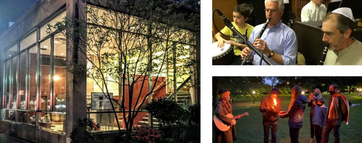 photo of synagogue at night, congregants playing music during services, havdala in Central Park