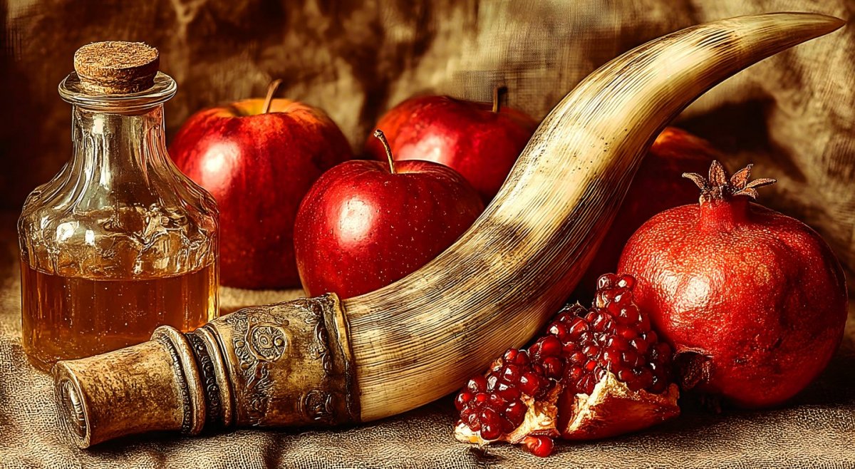 High Holy Days - Shofar with apples, honey, pomegranate