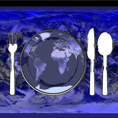 What we count, and what we discount, matters. Nighttime view of Earth showing populated areas (NASA), on a plate, with fork, knife & spoon. 