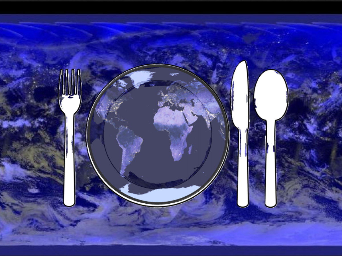 What we count, and what we discount, matters. Nighttime view of Earth showing populated areas (NASA), on a plate, with fork, knife & spoon.